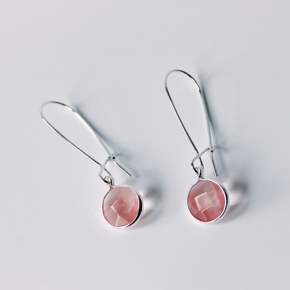 Cherry Quartz Round Semi Stone with Hoop Earrings in Silver
