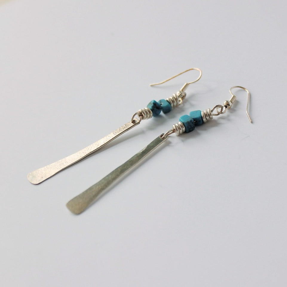 Silver Plated Single Petal Earrings With Turquoise Chips