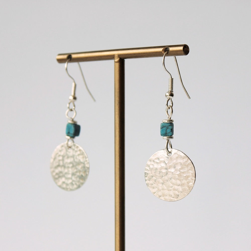 Silver Plated Disc and Turquoise Chip Earrings