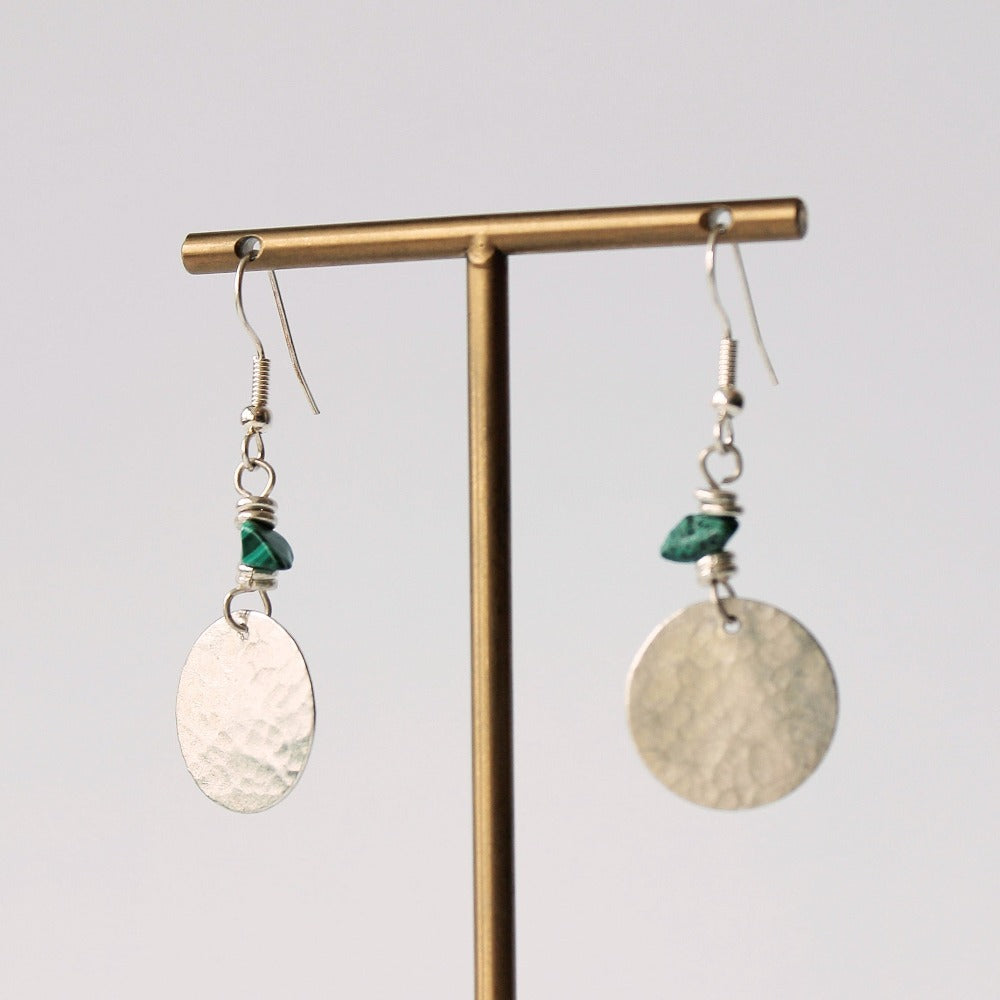 Silver Plated Disc and Malachite Chip Earrings