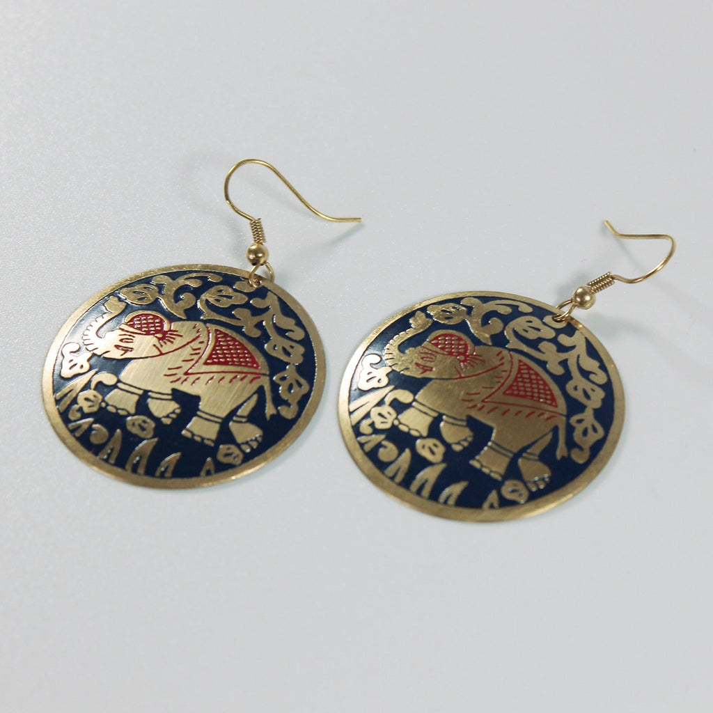 Elephant Purple And Red Gold Circle Earrings