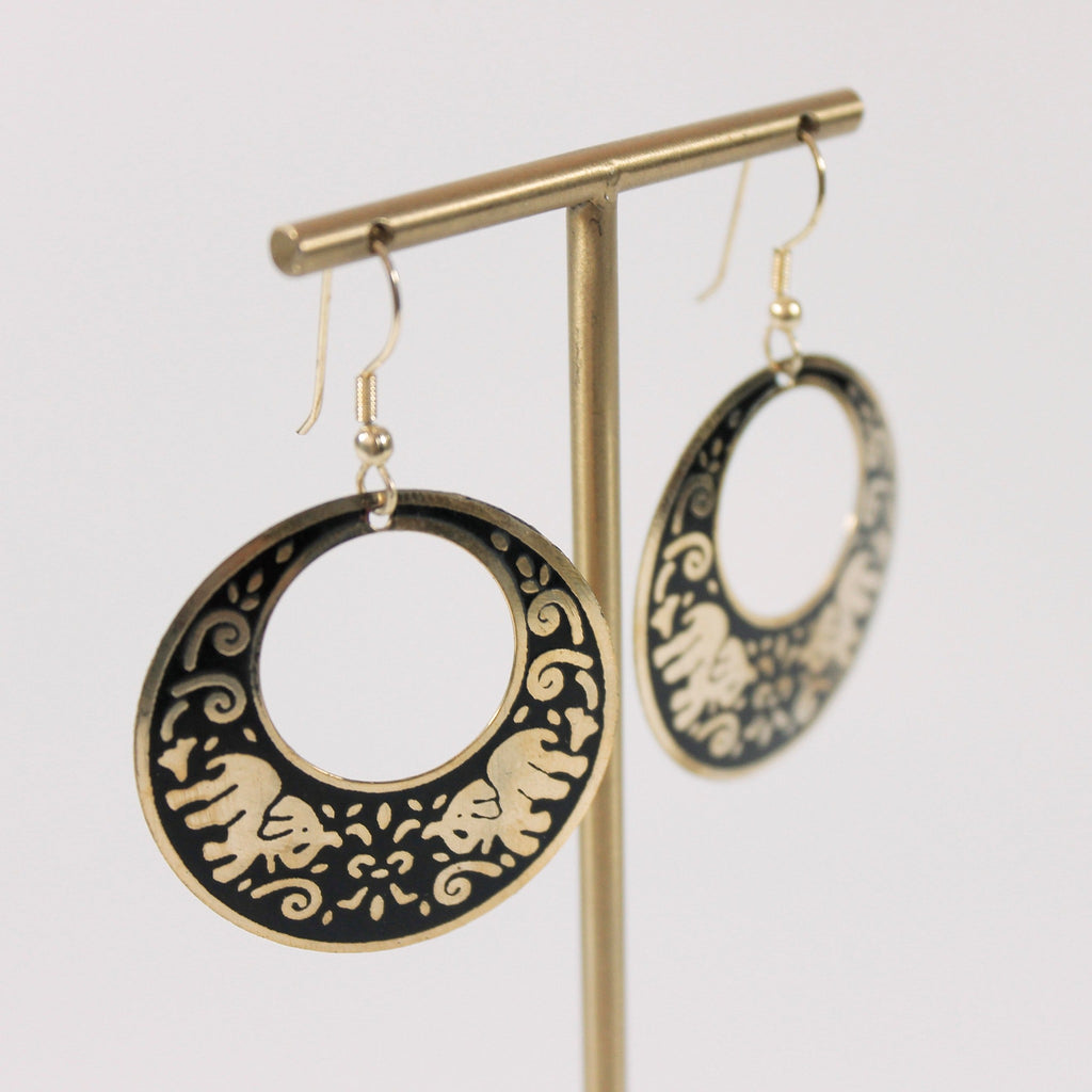 Black & Gold Elephant Circle Earrings