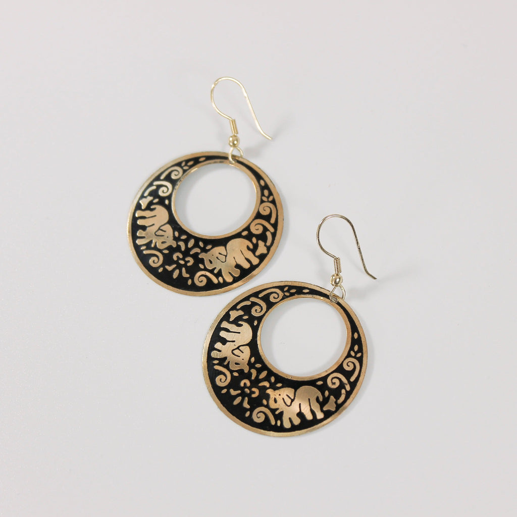 Black & Gold Elephant Circle Earrings