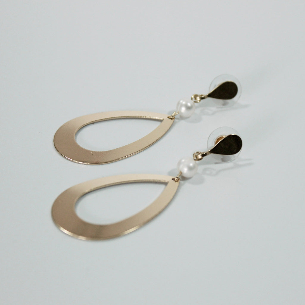Gold Large Drop Shape Earrings with Natural Pearl
