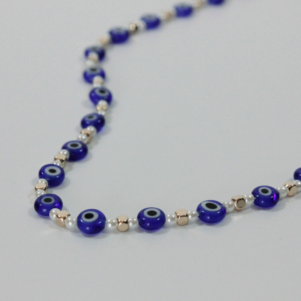 Dark Blue Colourful Evil Eyes Necklace with Pearls and Metal Beads