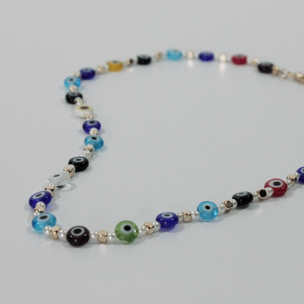 Multi Eyes Colourful Evil Eyes Necklace with Pearls and Metal Beads