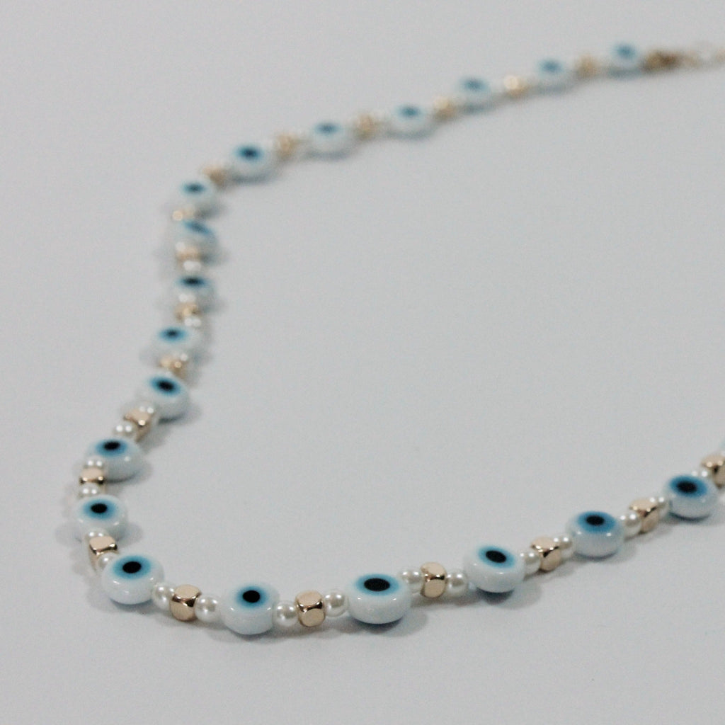 Light Blue Colourful Evil Eyes Necklace with Pearls and Metal Beads