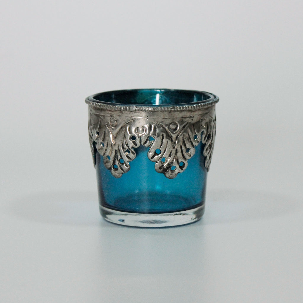 Blue Coloured Glass Silver Trim Tealight Holder