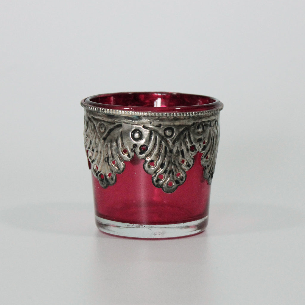 Red Coloured Glass Silver Trim Tealight Holder