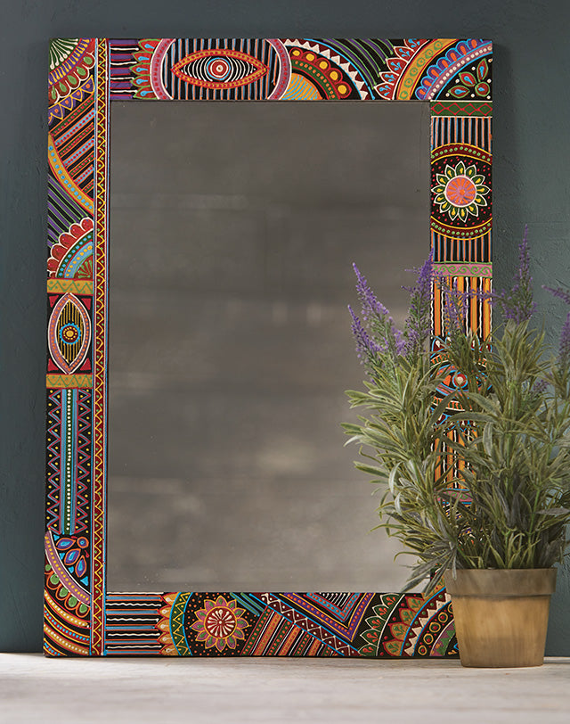 African Hand Painted Wooden Mirror