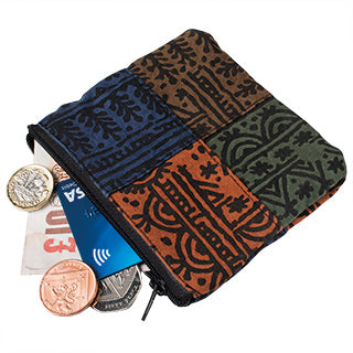 thai printed zip coin purse, blue, green, brown and orange pattern
