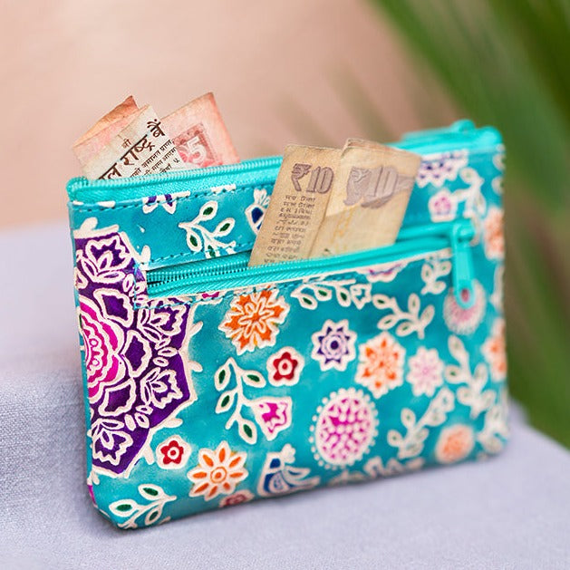 Turquoise Floral Patterned Leather Purse#