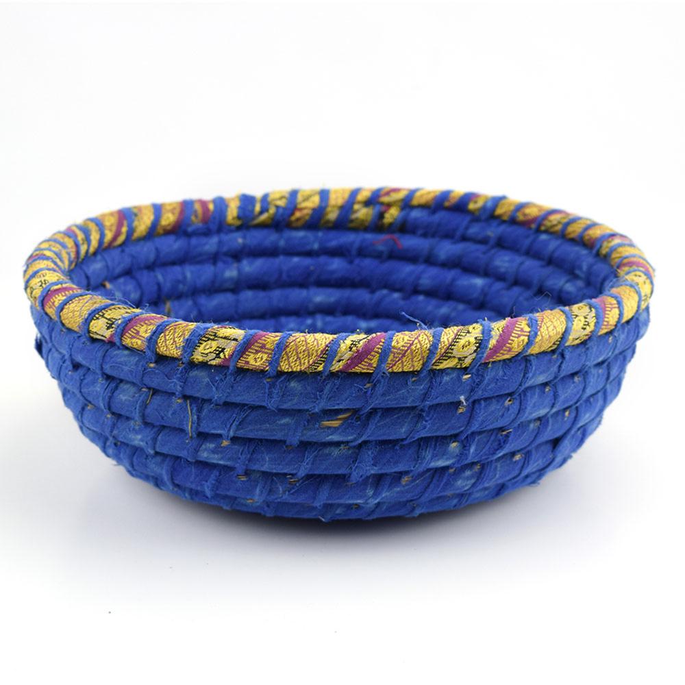 Recycled Sari Material Round Basket Blue