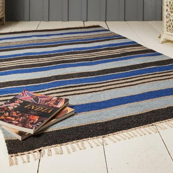 Blue Striped Recycled Cotton Runner Rug 75 x 240cm