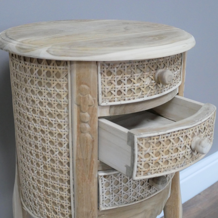 Round Teak and Rattan Bedside Table close up 