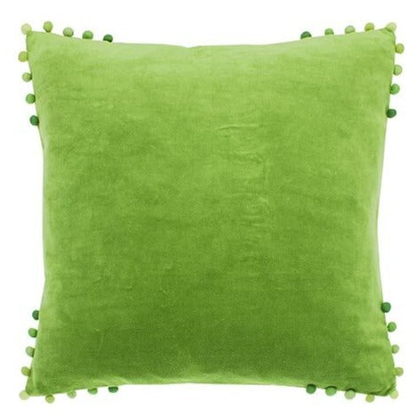 Lime Velvet Cushion With Pom Poms