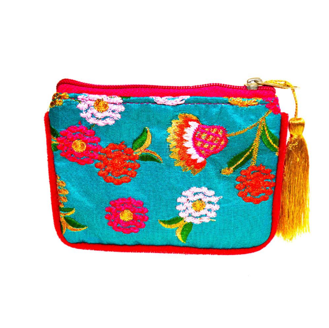 Turquoise Embroidered Flowers Coin Purse