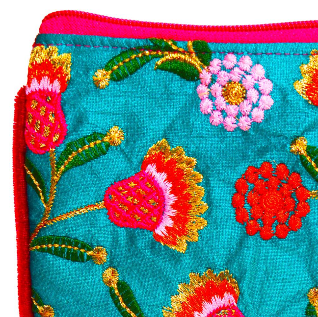 Turquoise Embroidered Flowers Pouch Bag