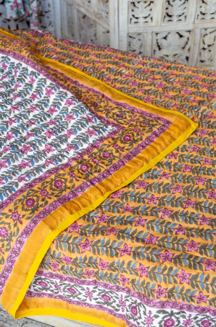 Hand Painted Block Quilt - Pink and Yellow