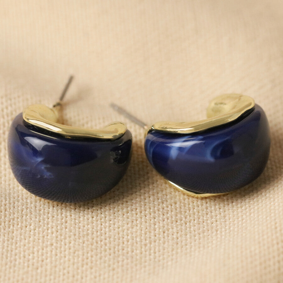 Small Blue Resin Gold Hoop Earrings