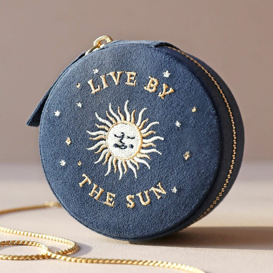 Sun & Moon Embroidered Round Jewellery Case Navy