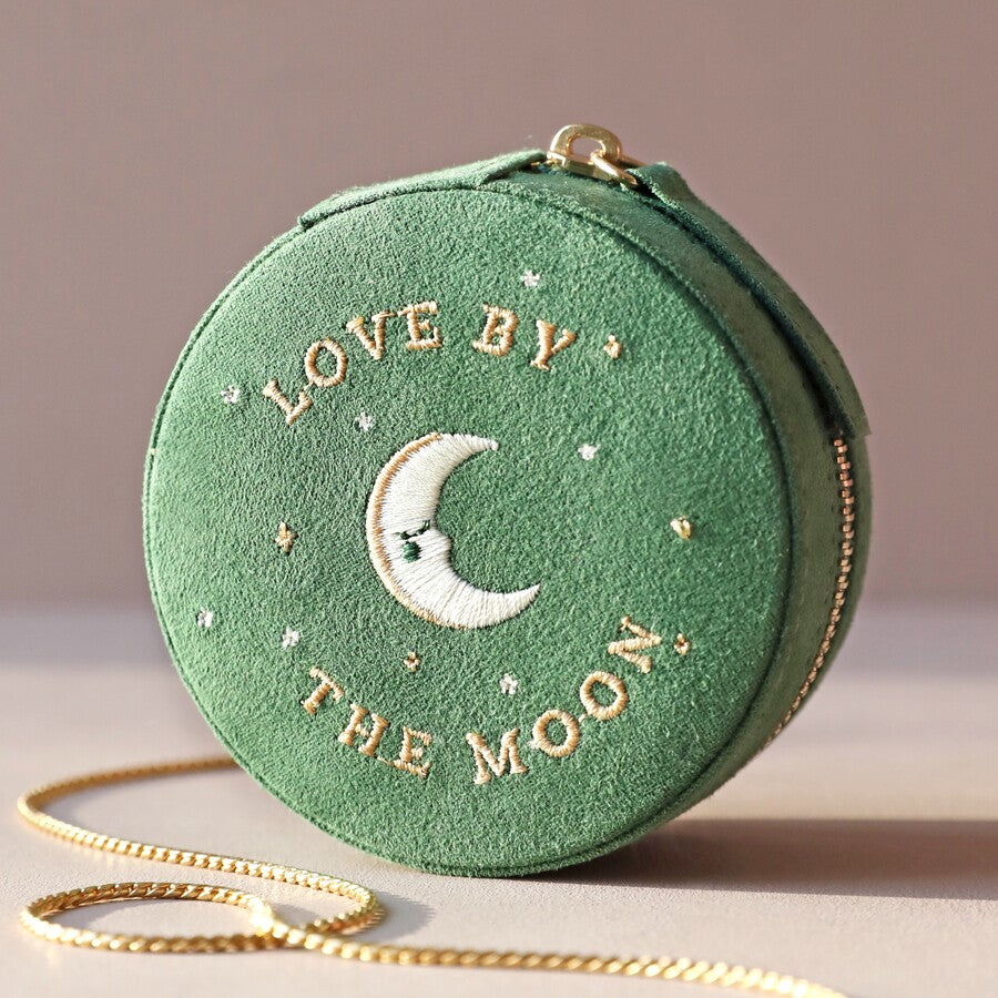 Green Sun & Moon Embroidered Round Jewellery Case