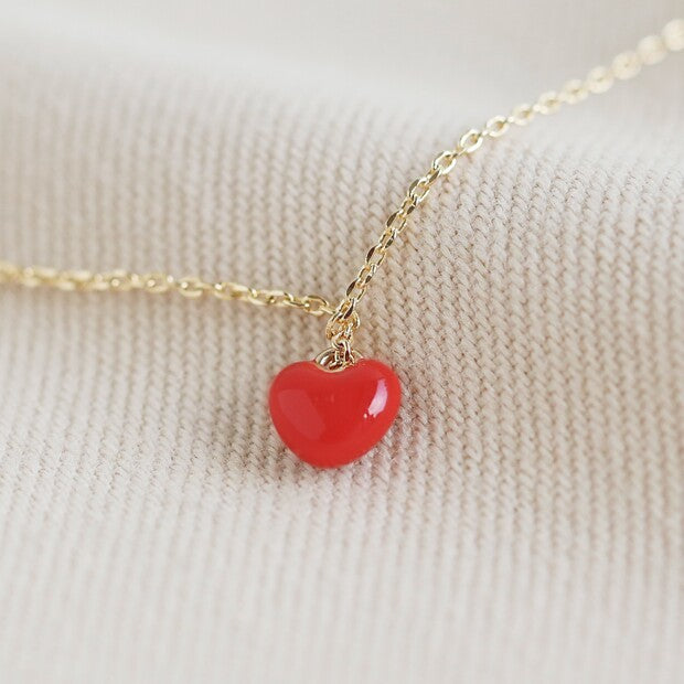 Tiny Red Enamel Heart Gold Chain Necklace