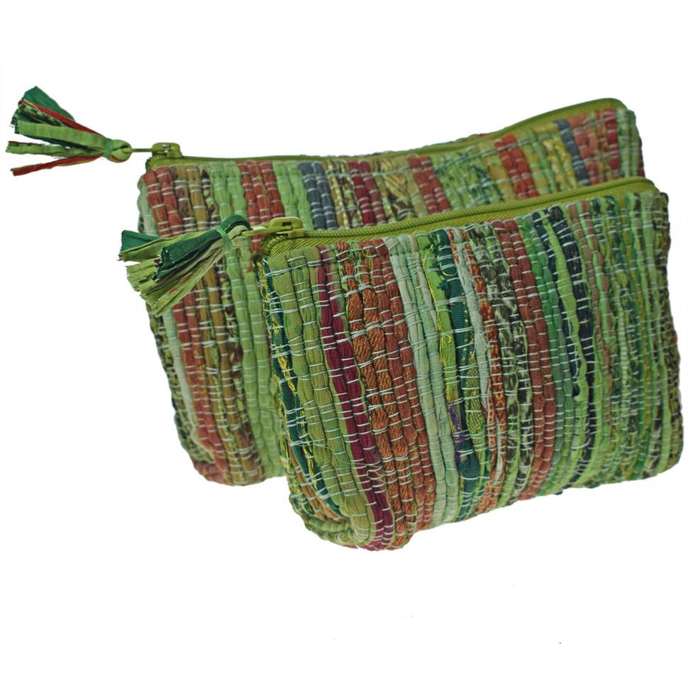 Recycled Sari Rag Chindi Pouch Bags- Set of 2 Green