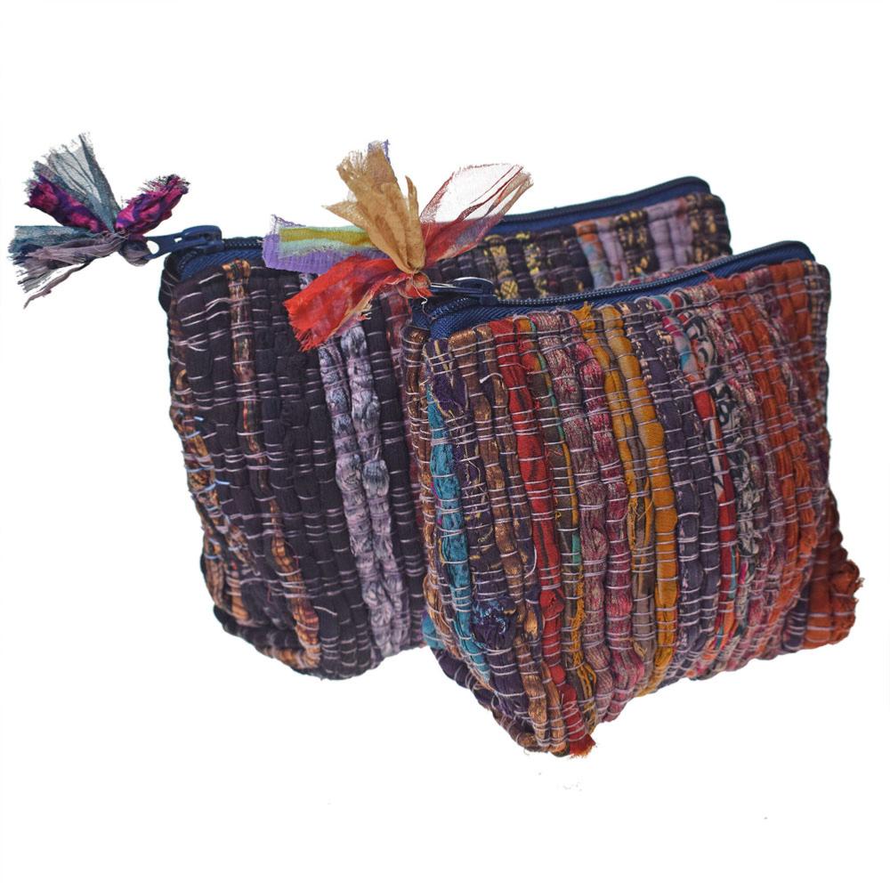 Recycled Sari Rag Chindi Pouch Bags- Set of 2 Blue
