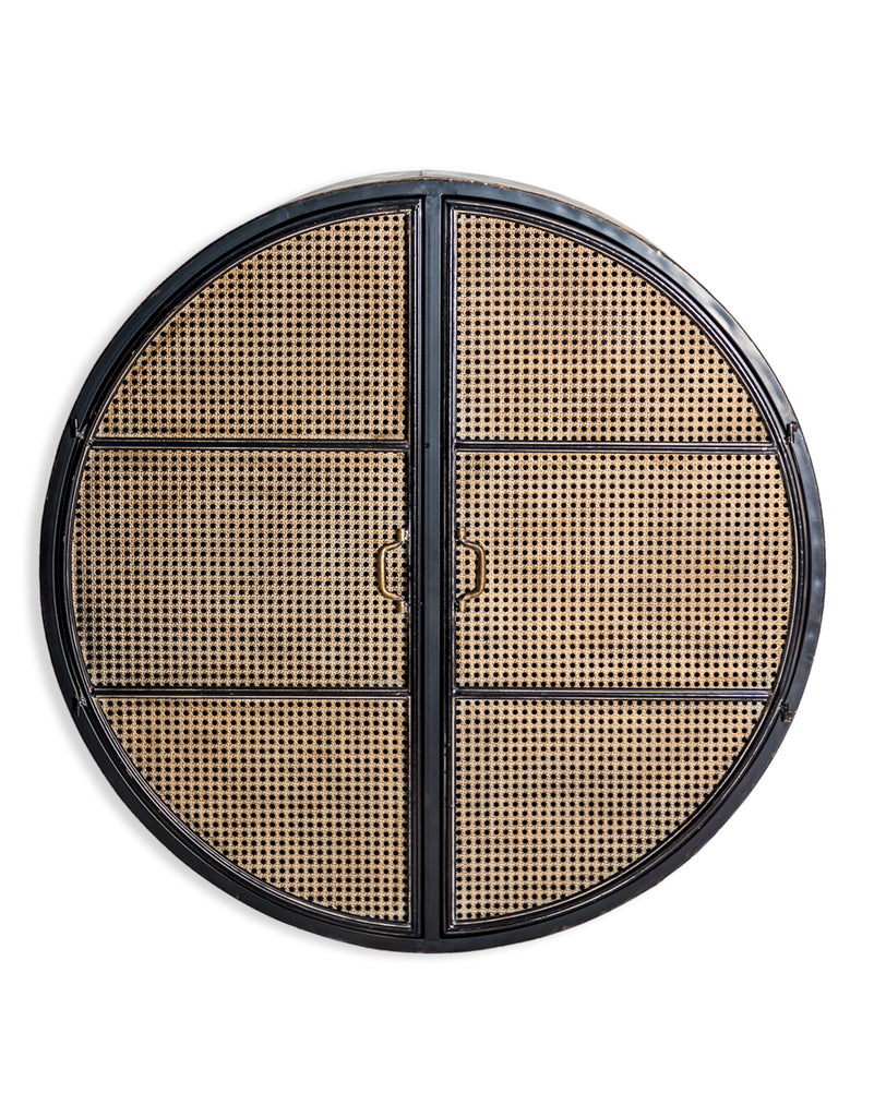 Black and Rattan Look Round Cabinet