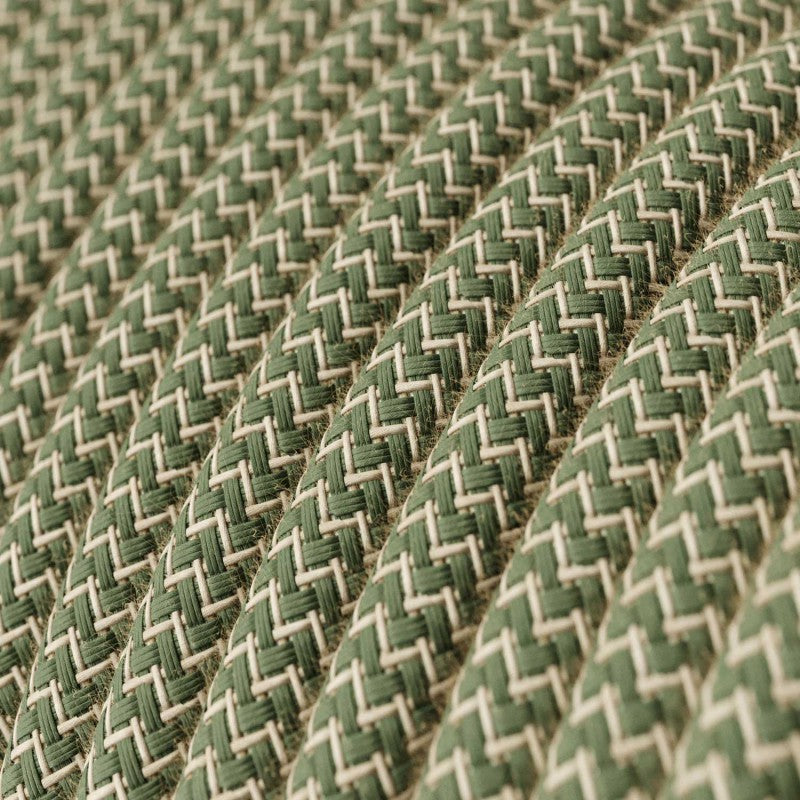 Round 3 Core Electrical Cable covered by Cotton & Linen in Green and Natural Zigzag close up