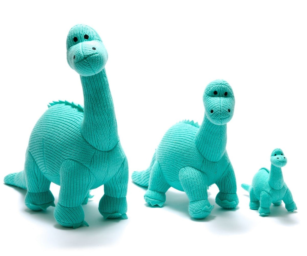 Ice Blue Diplodocus Knitted Dinosaur Rattle small, medium and large