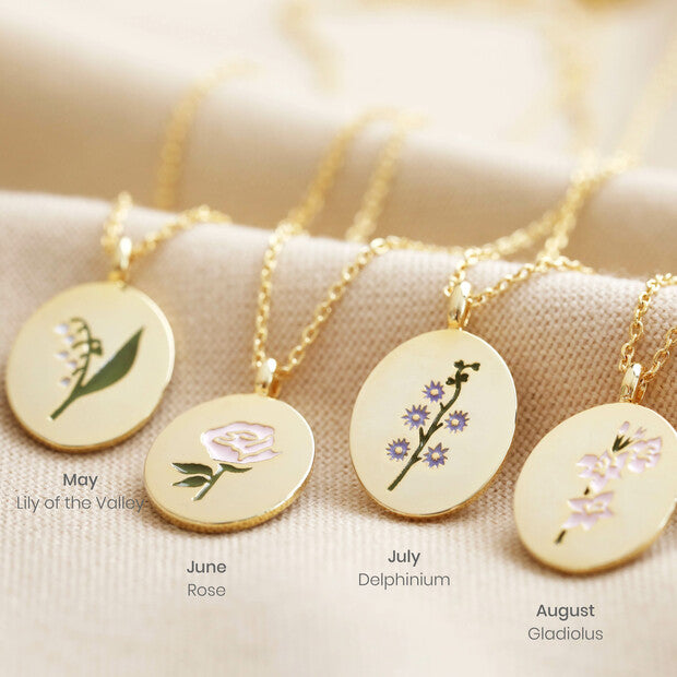 Enamel Birth Flower Necklace in Gold May, June, July, August