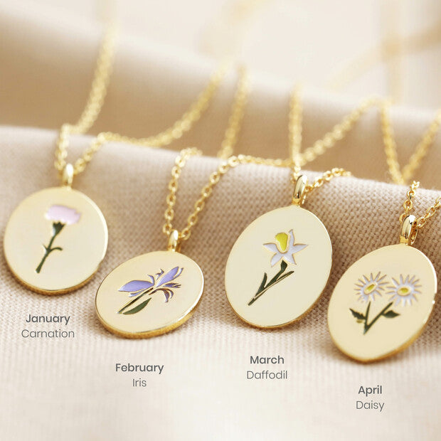 Enamel Birth Flower Necklace in Gold January, February, March, April