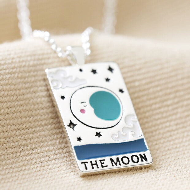 Enamel Moon Tarot Card Necklace Silver