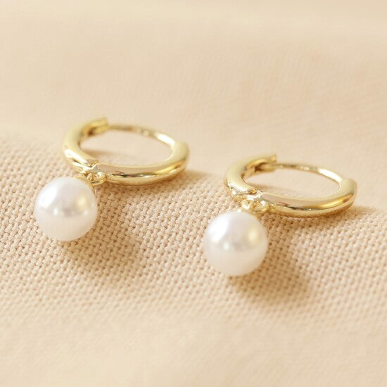 Glass Pearl Huggie Hoop Earrings Gold