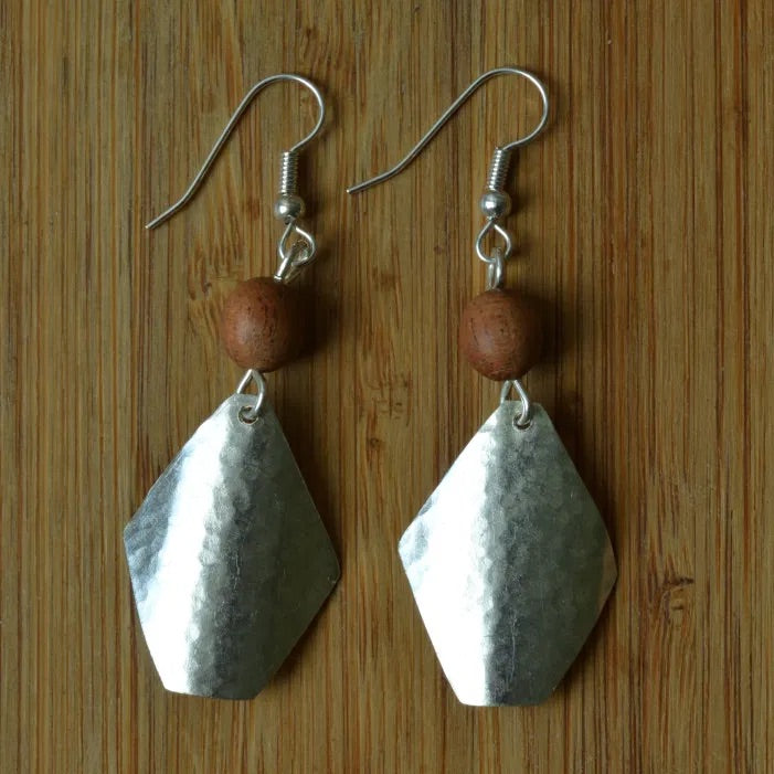 Silver Plate Soft Triangle & Wood Bead Earrings