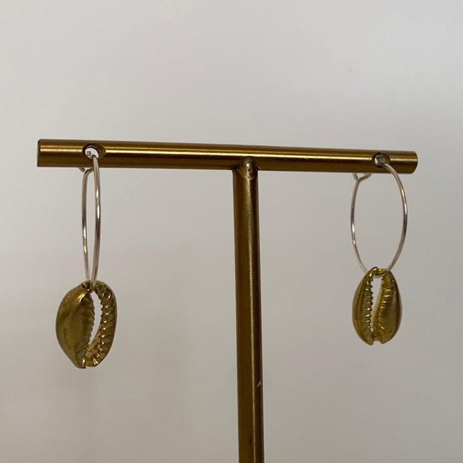 Medium Brass Novelty Shape Hoop Earrings Cowrie Shell