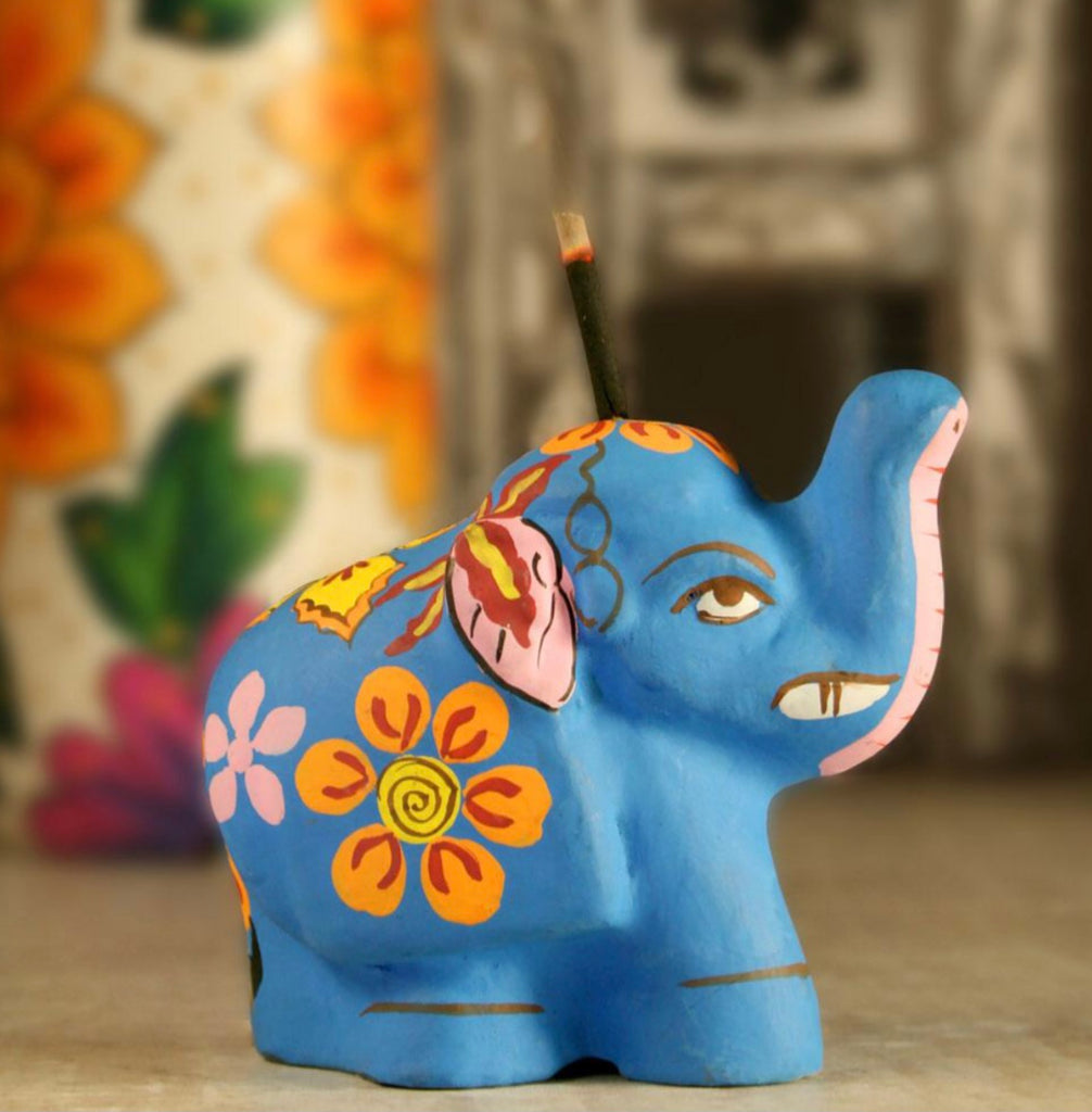 Assorted Colour Elephant Hand Painted Incense Holder Blue