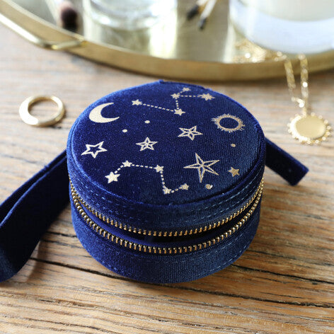 Starry Night Printed Velvet Round Jewellery Case Navy