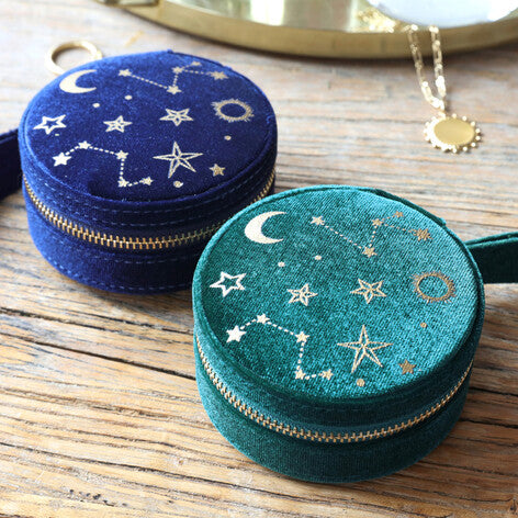 Starry Night Printed Velvet Round Jewellery Case Navy & Teal