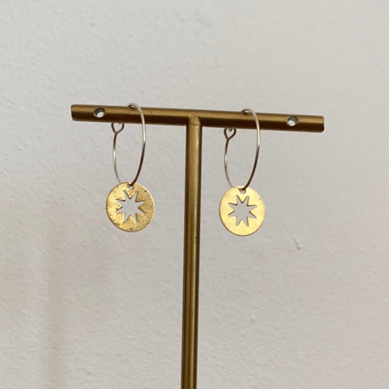 Medium Brass Novelty Shape Hoop Earrings Celestial Disc