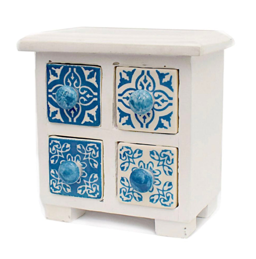 Blue and White Four Drawer Mini Chest 