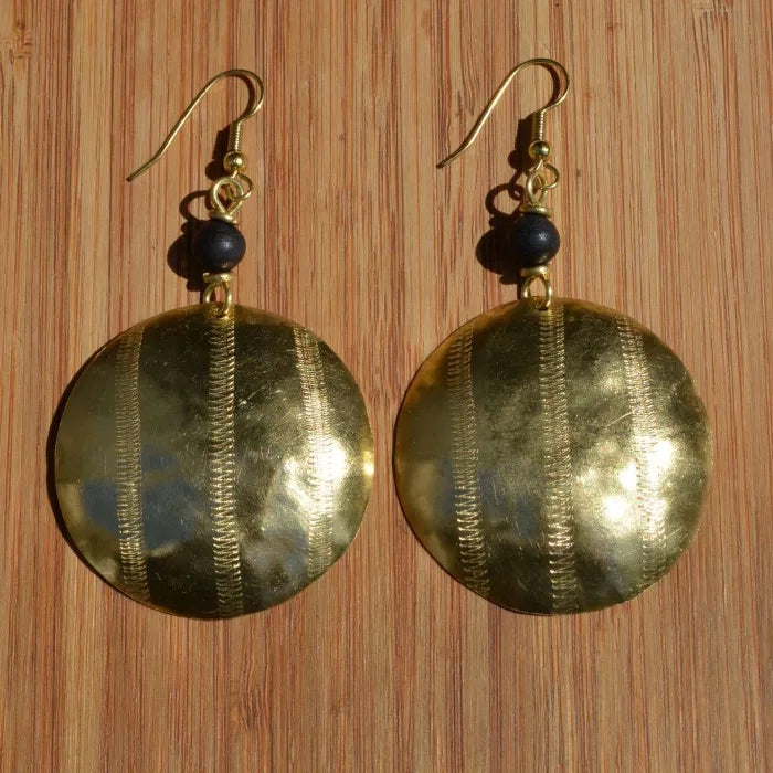 Brass Circle & Wood Bead Earrings