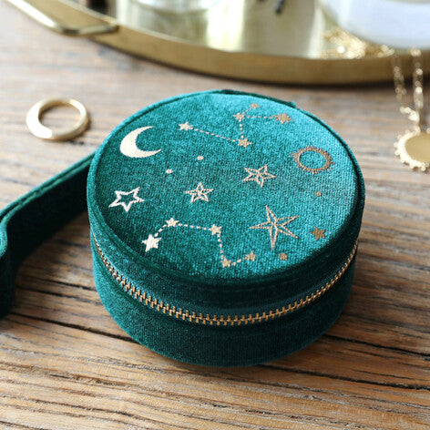 Starry Night Printed Velvet Round Jewellery Case Teal
