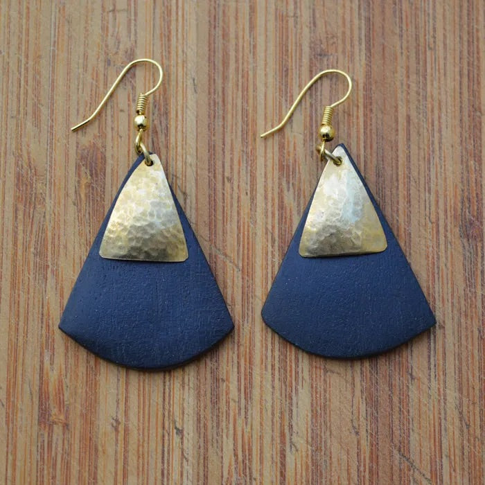 Black Wood Triangle And Brass Triangle Earrings