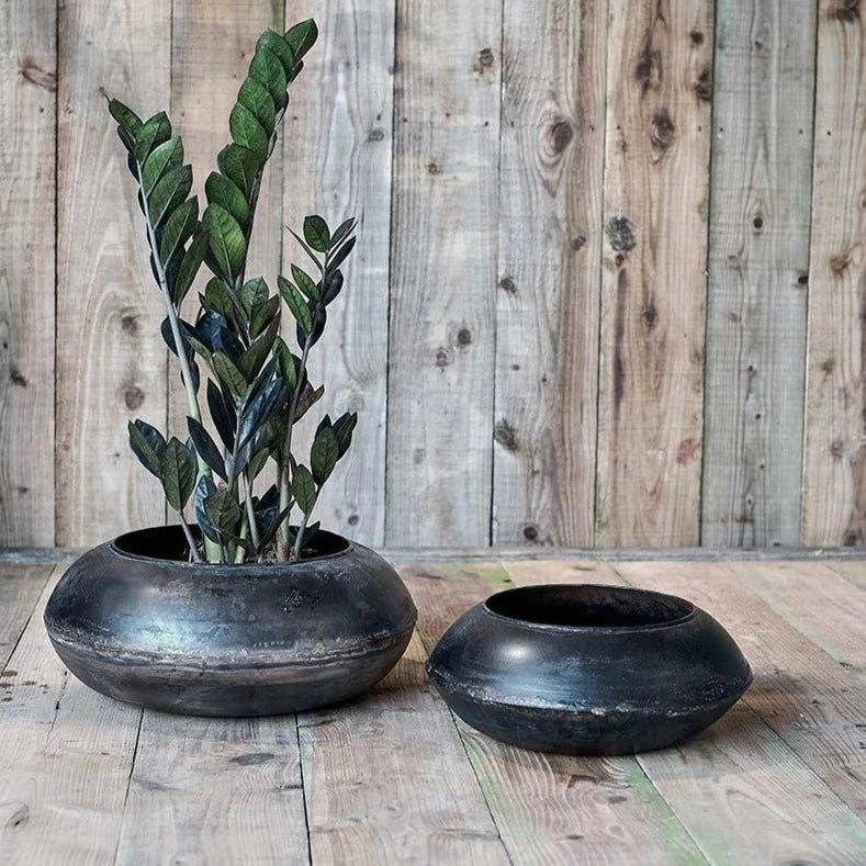 Endo Reclaimed Iron Flat Round Planter small and large 