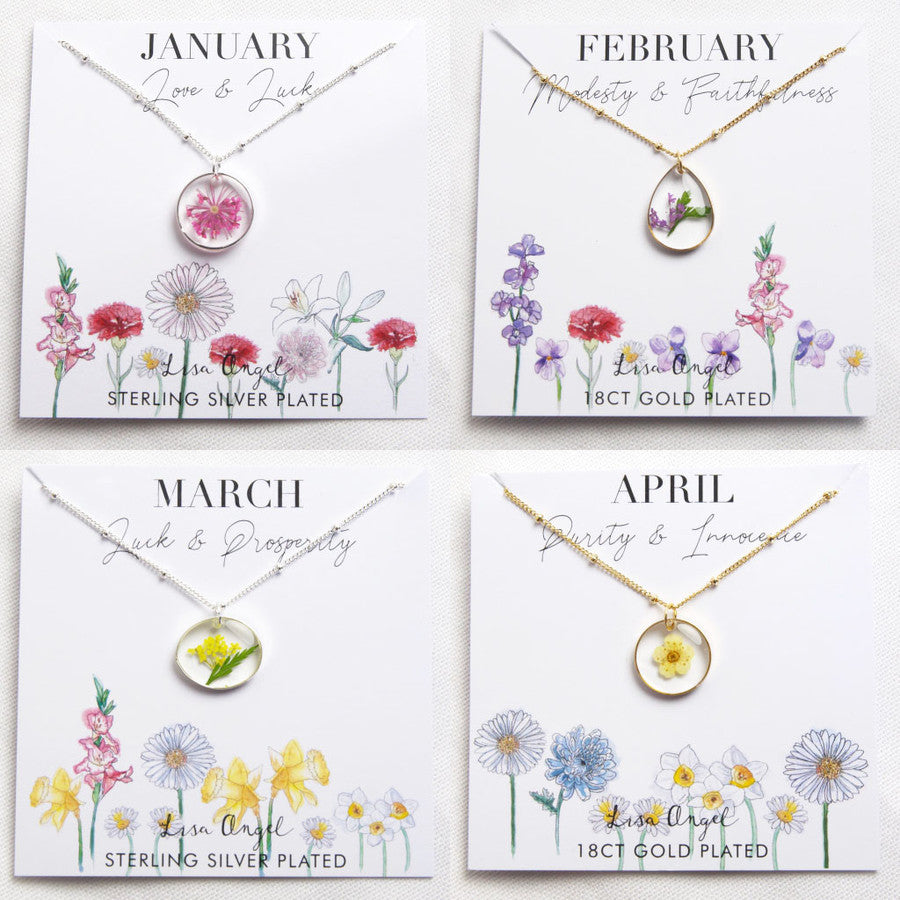 Real Pressed Birth Flower Silver Necklace Selection Lisa Angel January February March April
