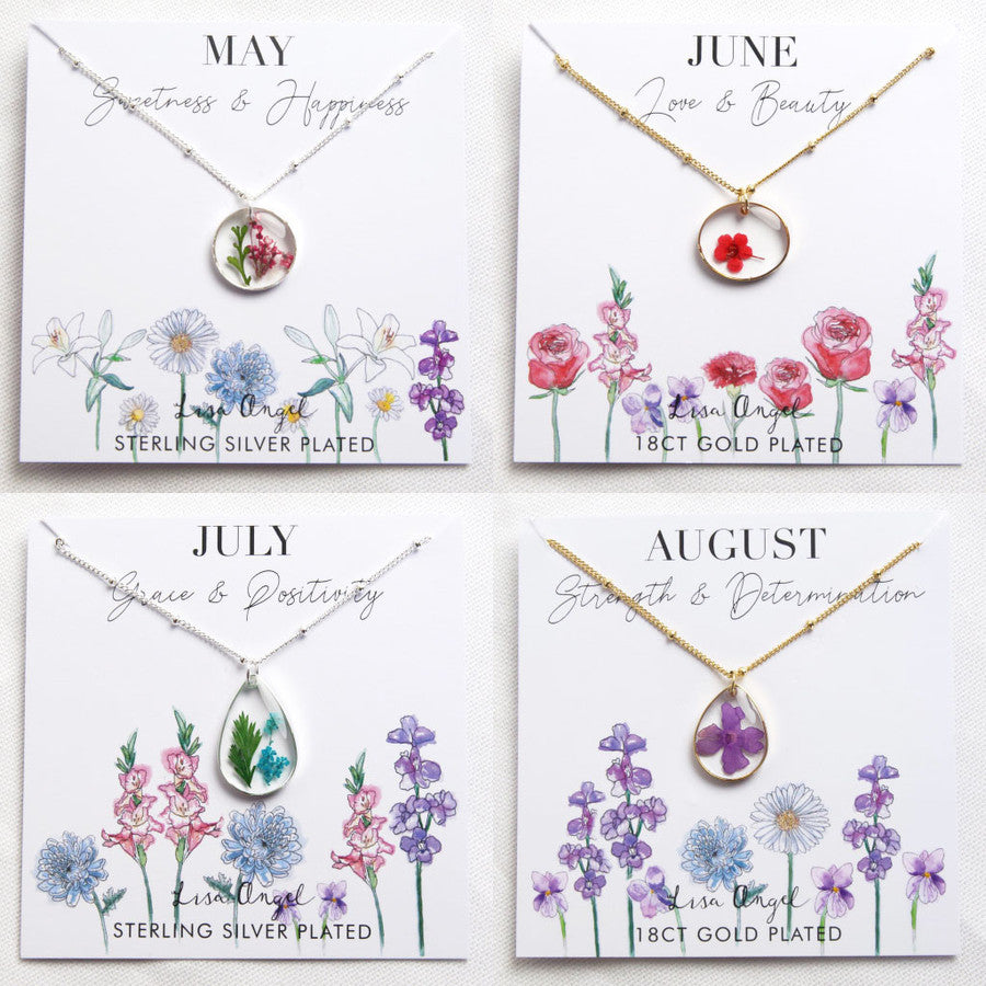 Real Pressed Birth Flower Silver Necklace Selection Lisa Angel May June July August