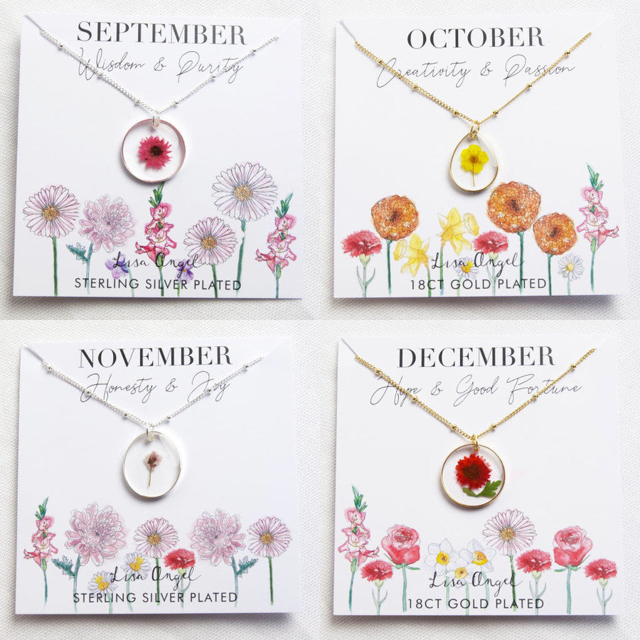Real Pressed Birth Flower Silver Necklace Selection Lisa Angel September October November December